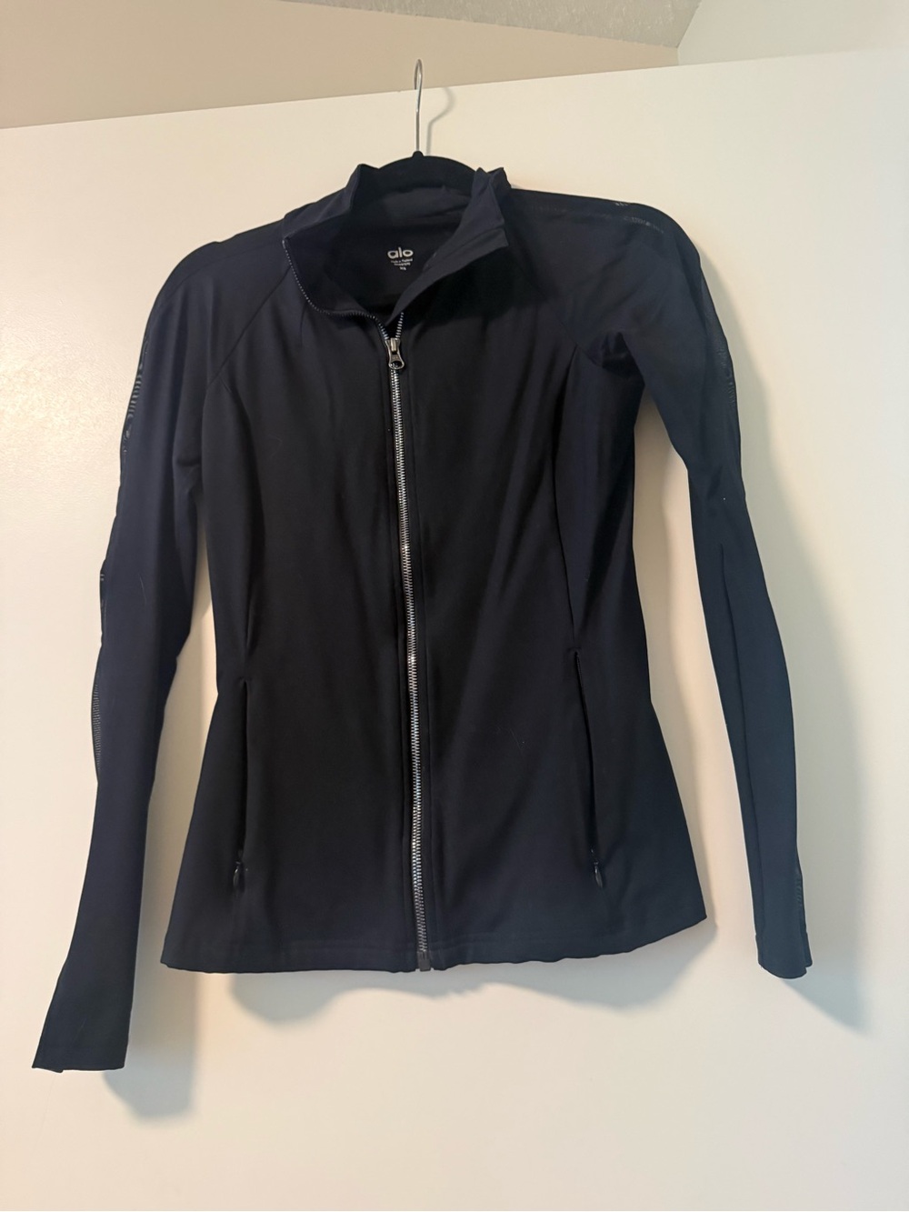ALO Yoga Women’s Black Mesh Strip Full-Zip Bomber Jacket